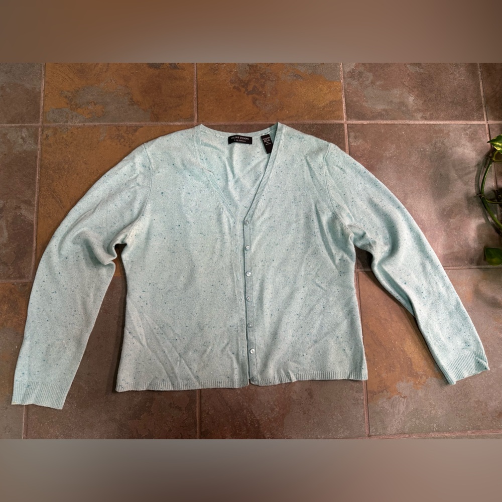 Valerie Stevens 2 Ply 100% Cashmere XL Cardigan Speckled Blue Green Womens